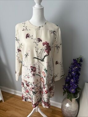 Zara Cream Floral Print Shift Dress with Berry Accents